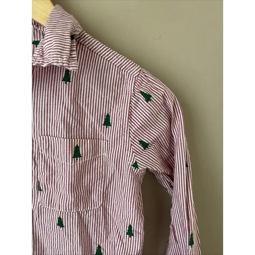 Boys Christmas Tree Button Up Shirt Size 7/8 Red Striped Poplin Long Sleeve
